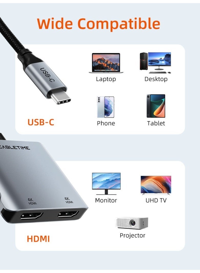 CABLETIME 4K60Hz USB C to DUAL HDMI HUB, Support MST - Image 2